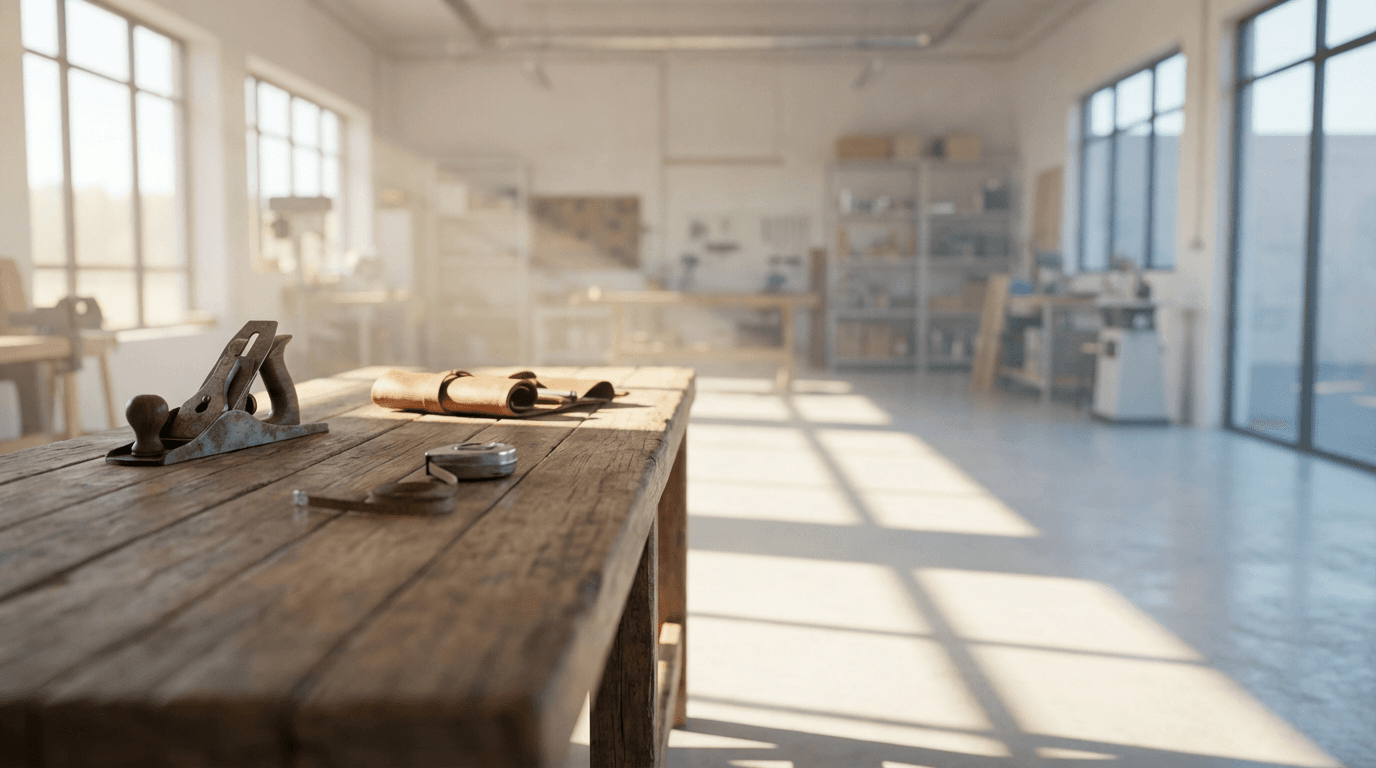 Shell of an unfinished office interior with exposed beams and concrete flooring
