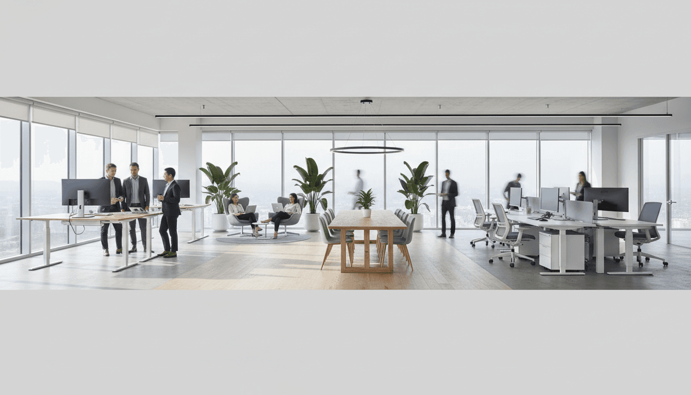 Modern open-plan office with operable partition walls creating flexible meeting zones