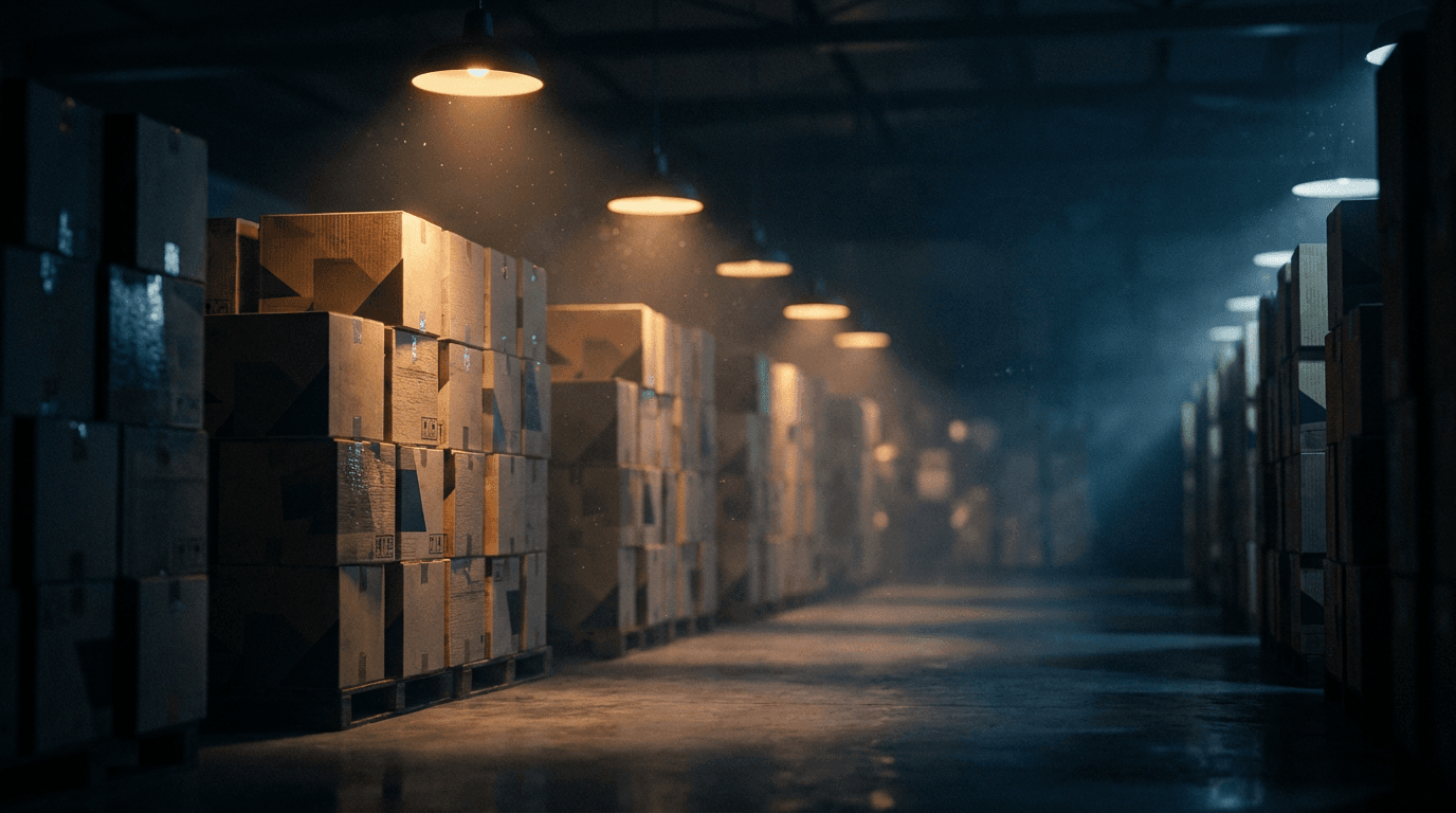 Warehouse with stacked office chairs and desking systems ready for delivery