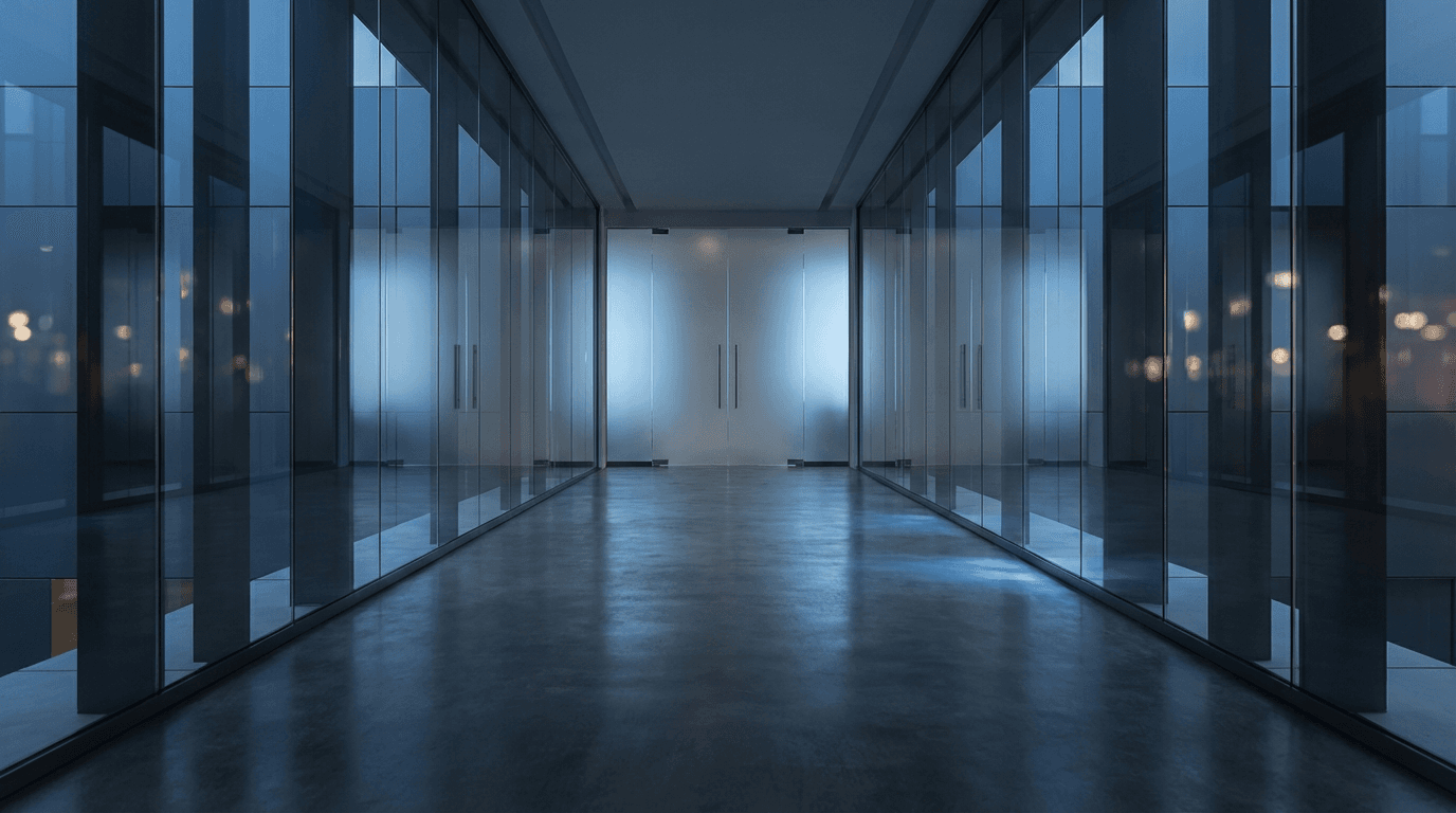 Operable partition wall partially folded in a bright office, revealing a meeting room with table and chairs