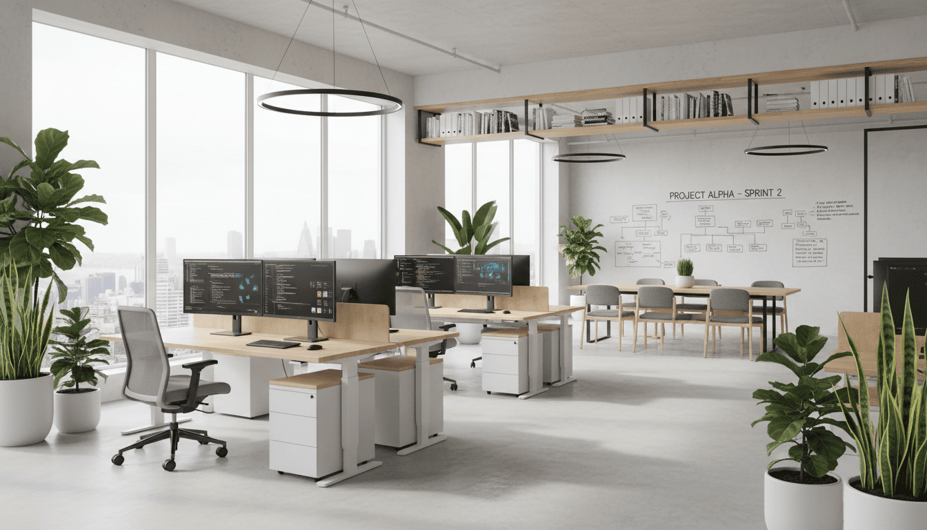 Modern office fit-out in progress with new desking, seating, and operable partition walls, showing a clean and organized workspace