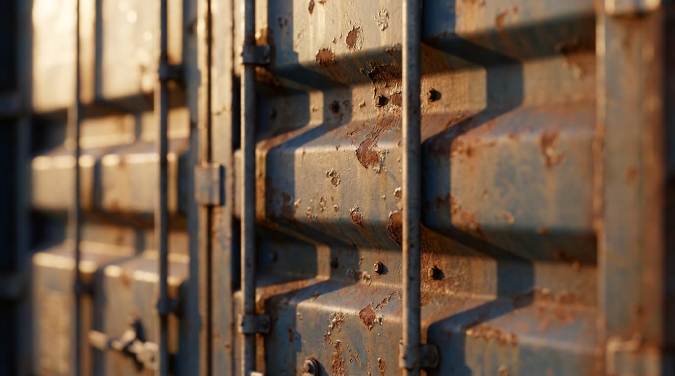 Close-up of a mobile compactor handle and rail, matte steel finish with visible grain, in a storage room setting