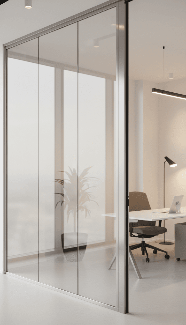 Operable partition wall partly open revealing meeting room layout