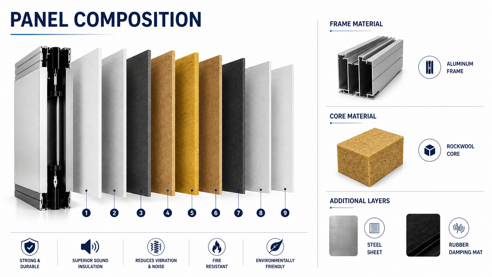 Detailed diagram of a nine-layer panel composition with aluminum frame and rockwool core materials.