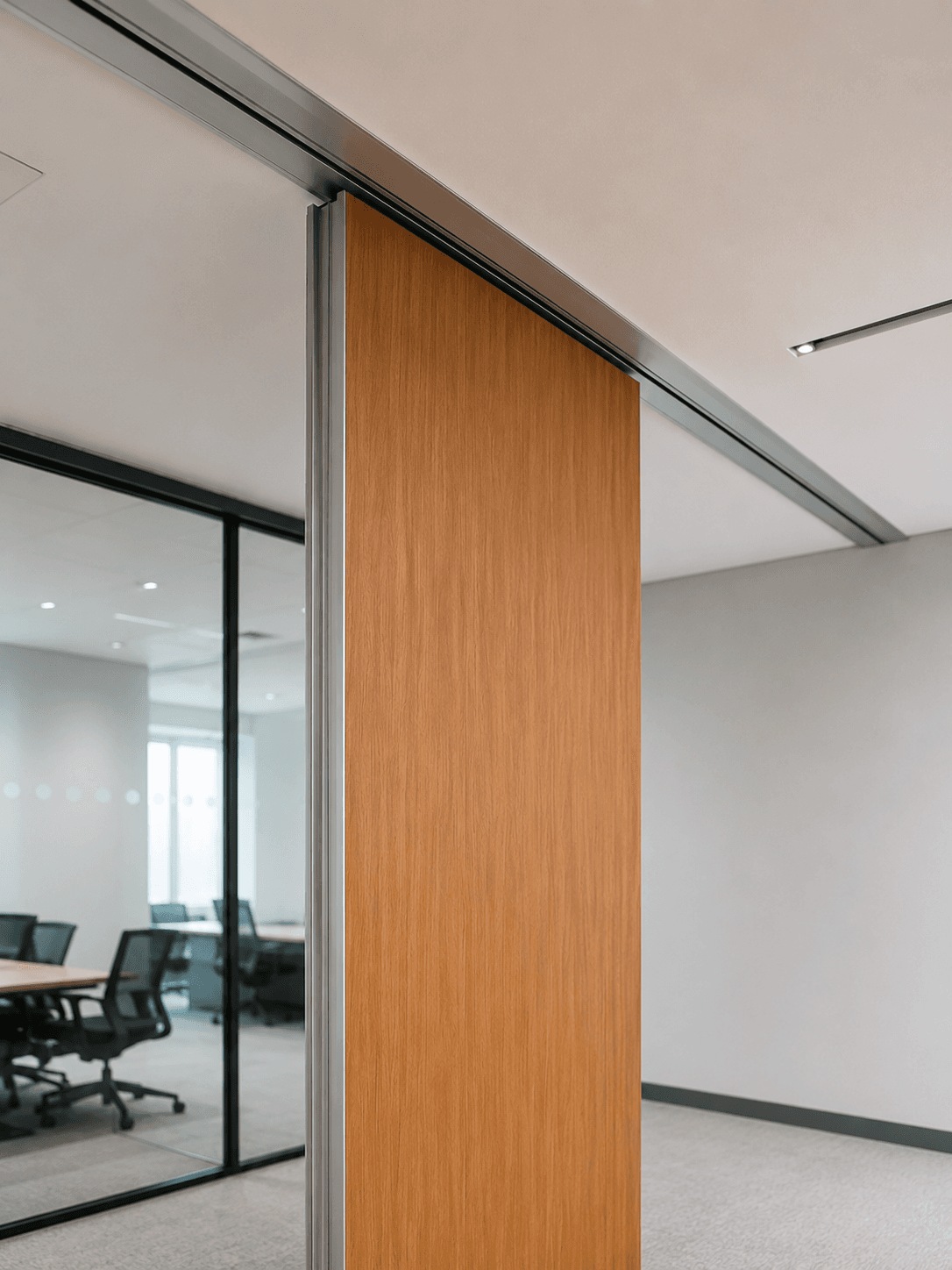 Light wood sliding partition wall on a metal ceiling track in a modern office.