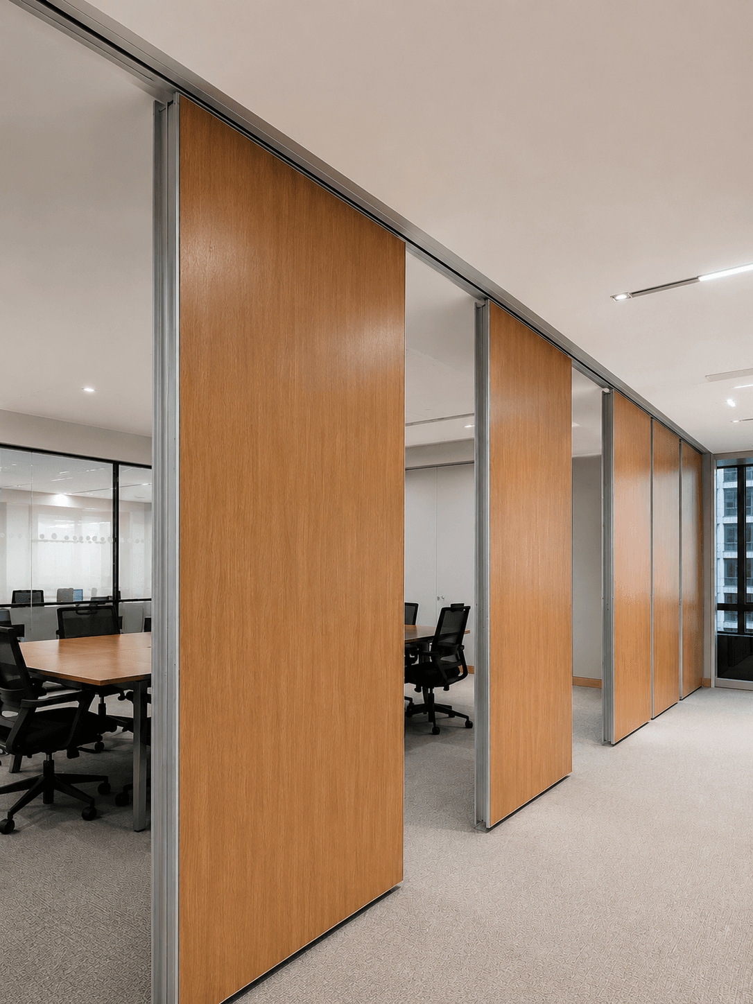 Sliding light wood wall panels dividing modern office meeting rooms with tables and black chairs.