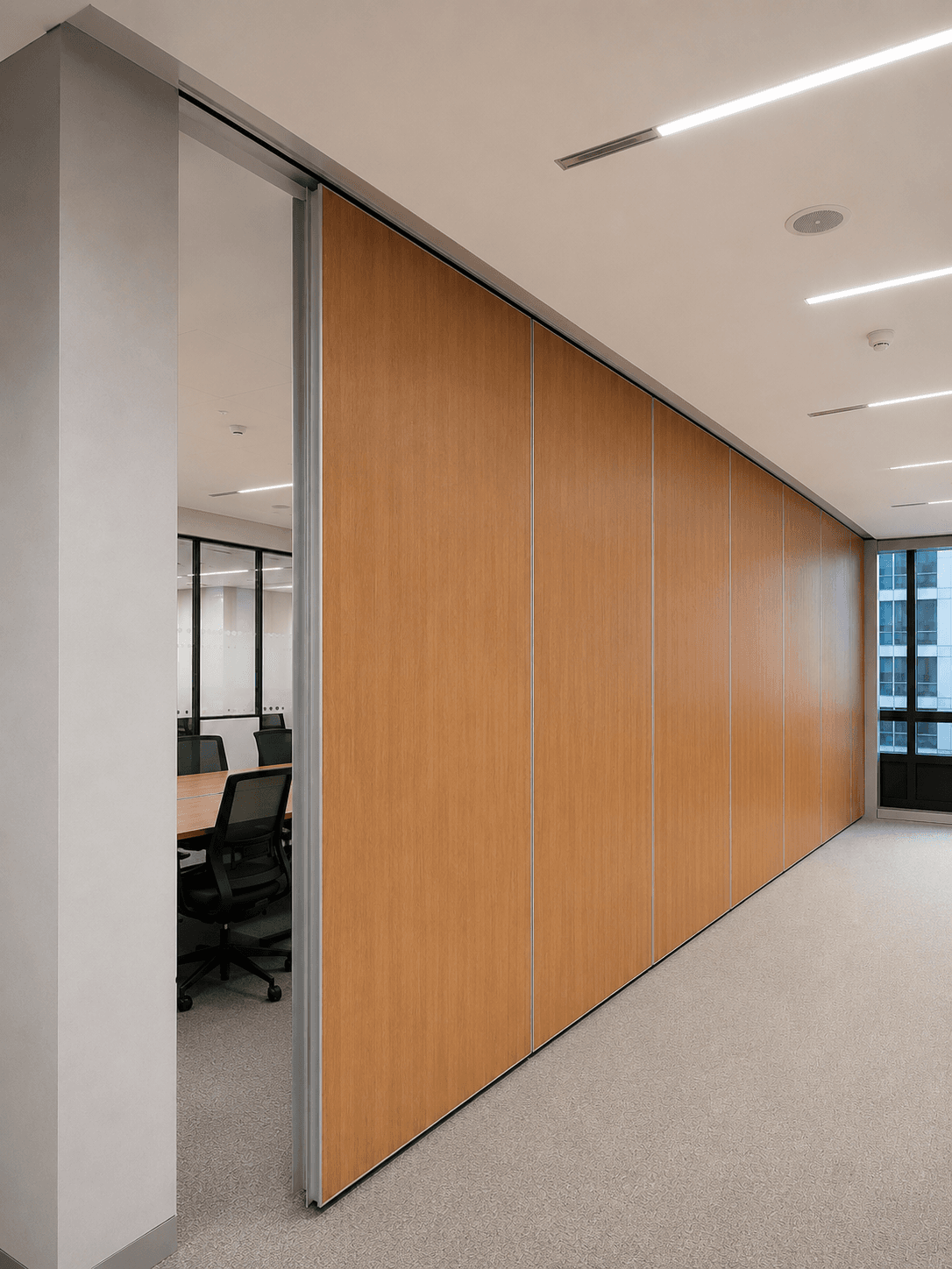 Light wood-paneled sliding partition wall in a modern office, partially revealing a conference room.