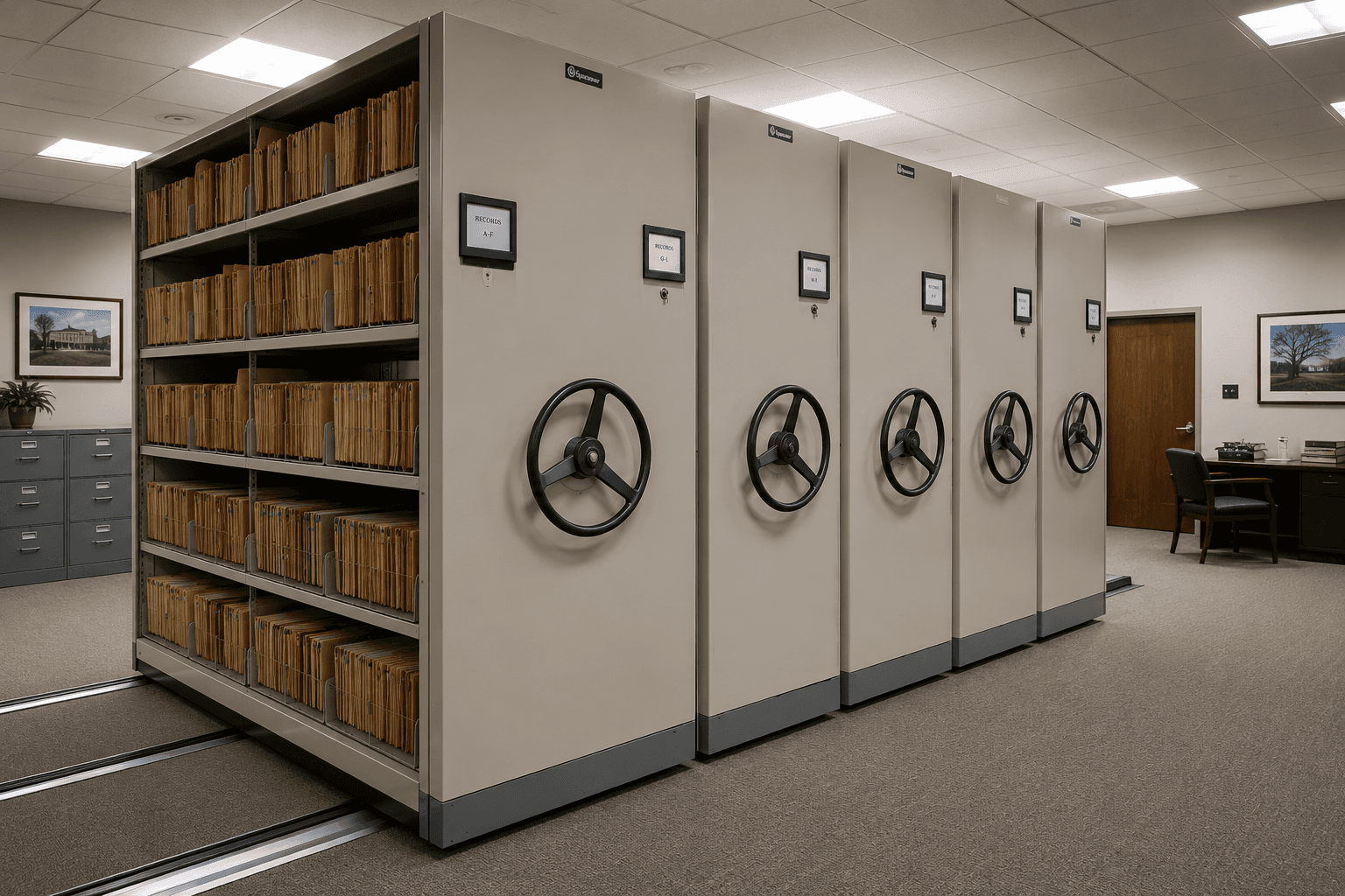 Beige high-density mobile shelving units with black hand wheels, filled with organized manila folders.